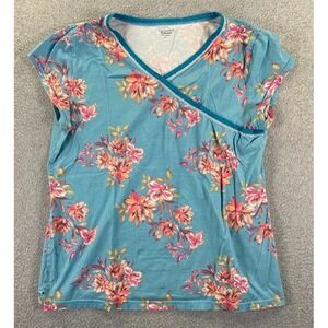 GARNET HILL Size M Pajama Top Asian Faux Wrap Floral Organic Cotton Cap Sleeve
